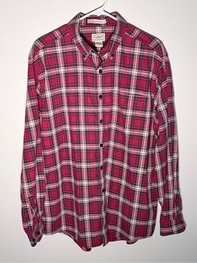 L.L. Bean Men's Red and White Plaid Button-Down Shirt - Thick Material